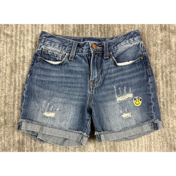 Old Navy Shorts Girls 10 Blue‎ Jean Frayed-Hem Cuffed Smiley Patch Distressed - Picture 1 of 11